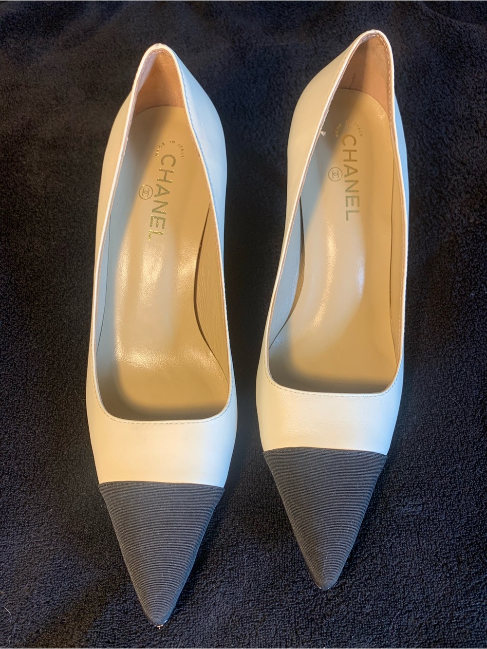 CHANEL Two-Tone Pointed Toe Pumps in White and Gray